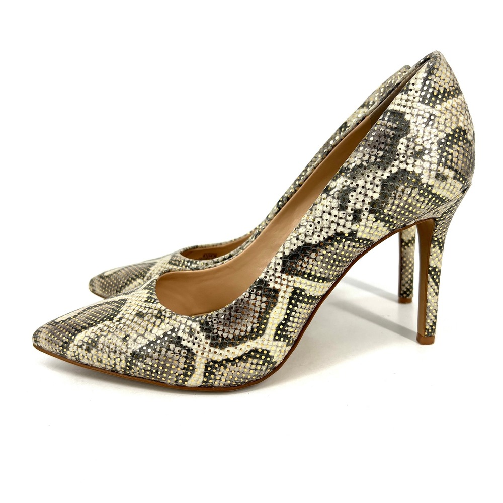 Vince Camuto Savilla Snakeskin Print Pointed Toe Pumps Gold‎ Studded Heels 8.5M